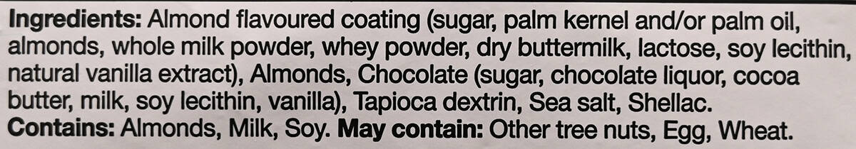 Image of the ingredients for the chocolate covered almonds from the back of the bag.