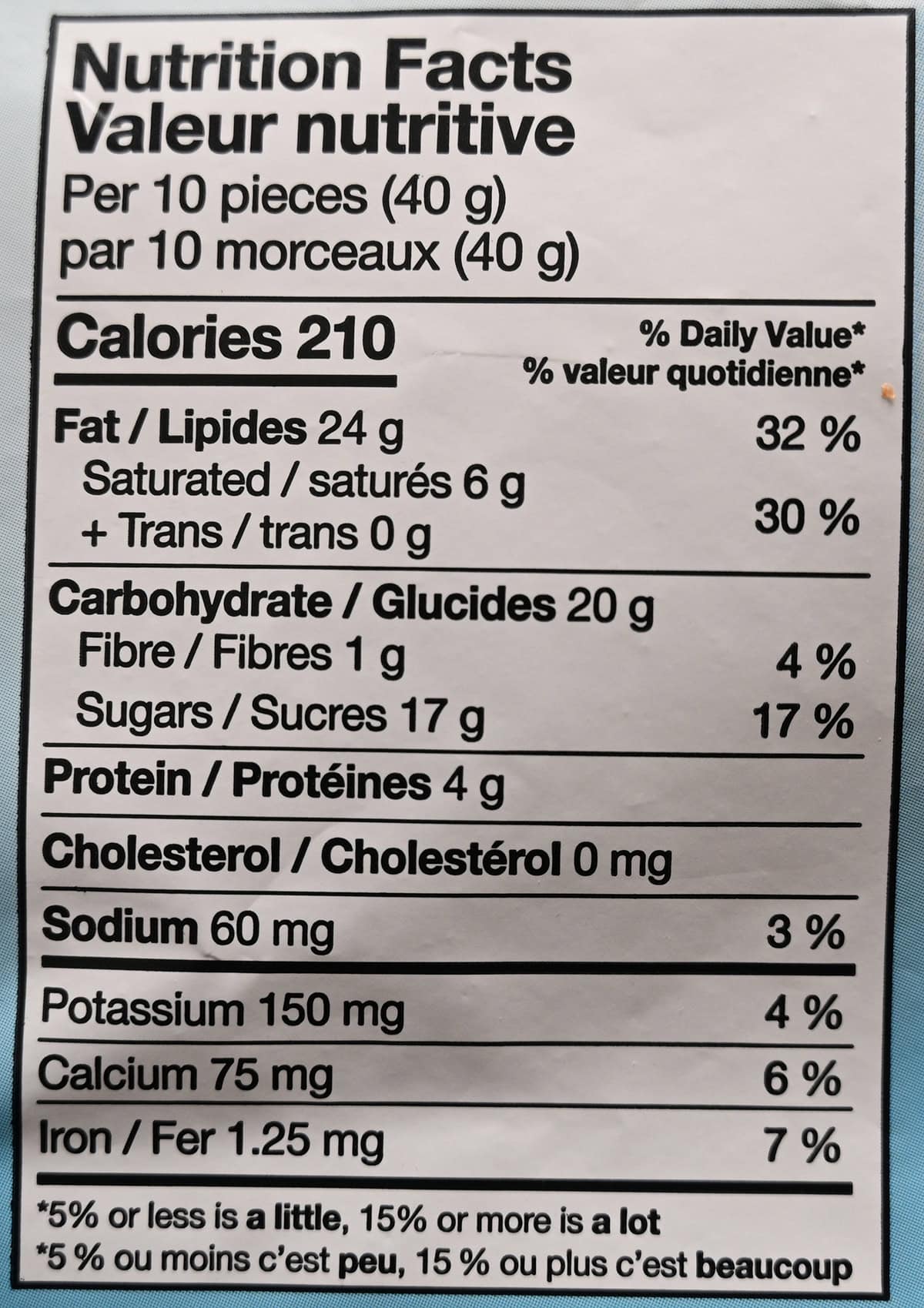 Image of the nutrition facts for the chocolate covered almonds from the back of the bag.