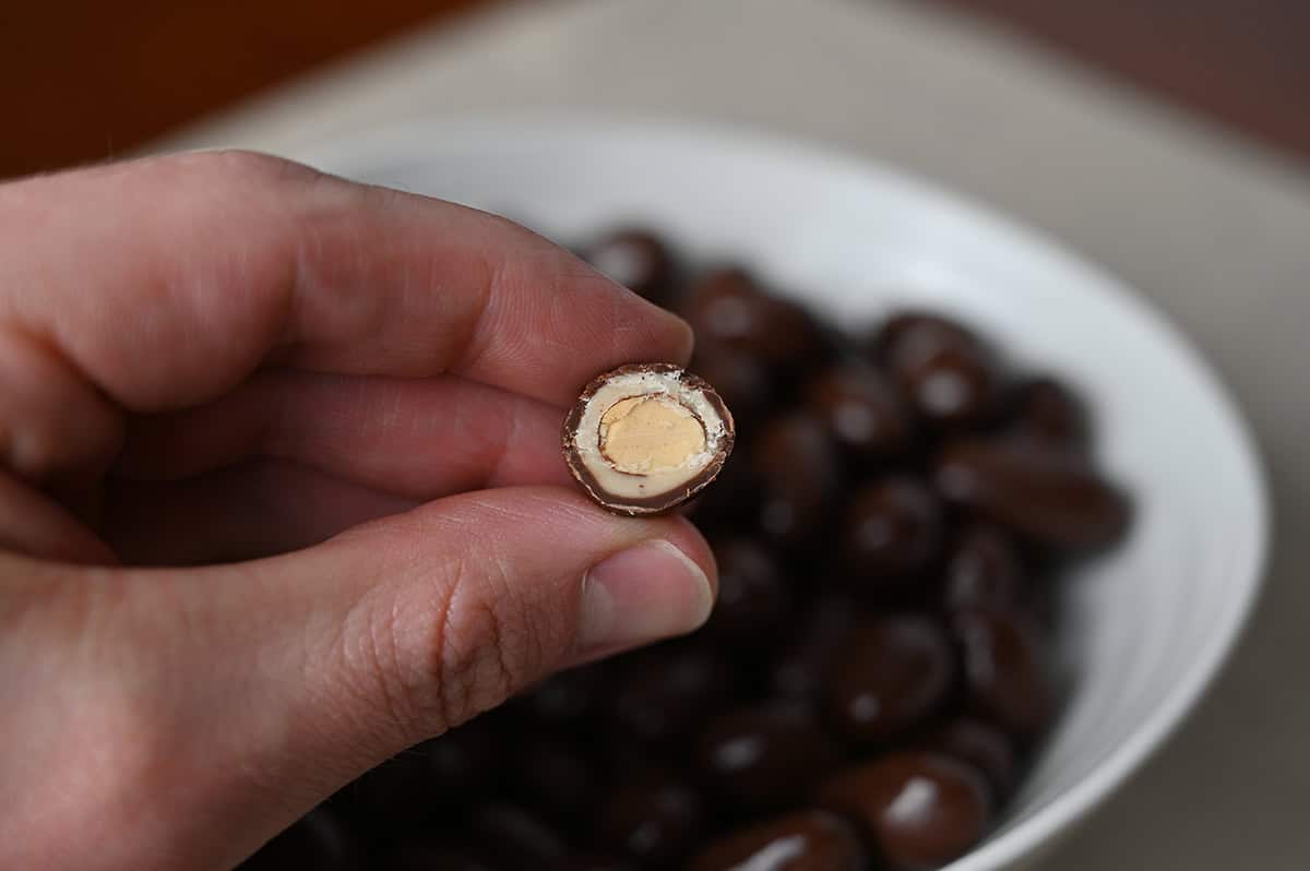 Image of a hand holding one Costco Kirkland Signature Chocolate Almond Creme Coated Almond with a bit taken out of it so you can see the center.