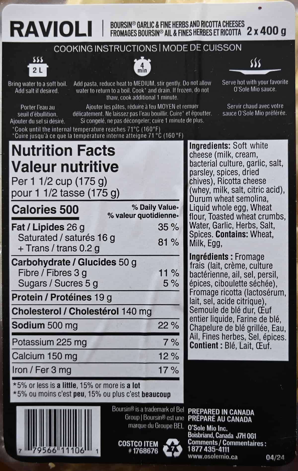 Image of the cooking instructions, nutrition facts and ingredients for the ravioli from the back of the package.