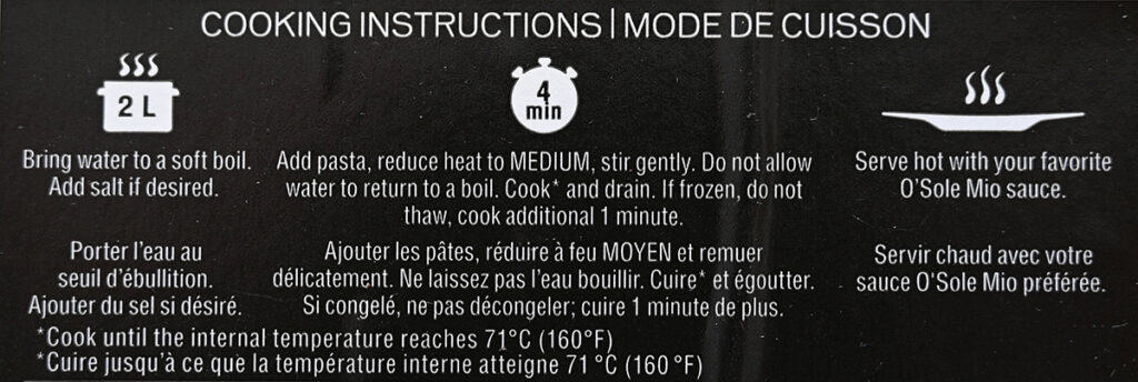 Image of the cooking instructions for the ravioli from the back of the package. 