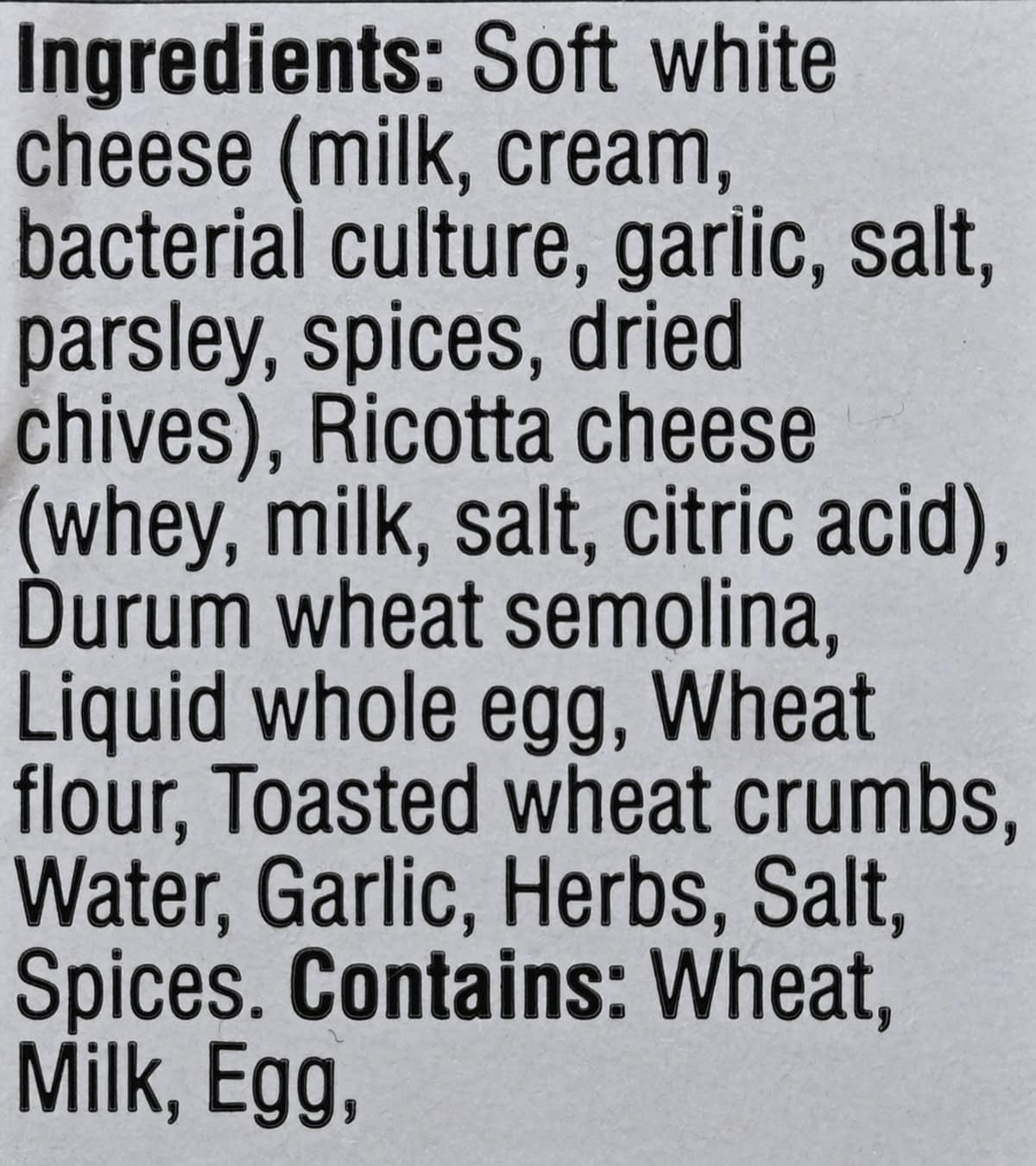 Image of the ingredients for the ravioli from the back of the package.