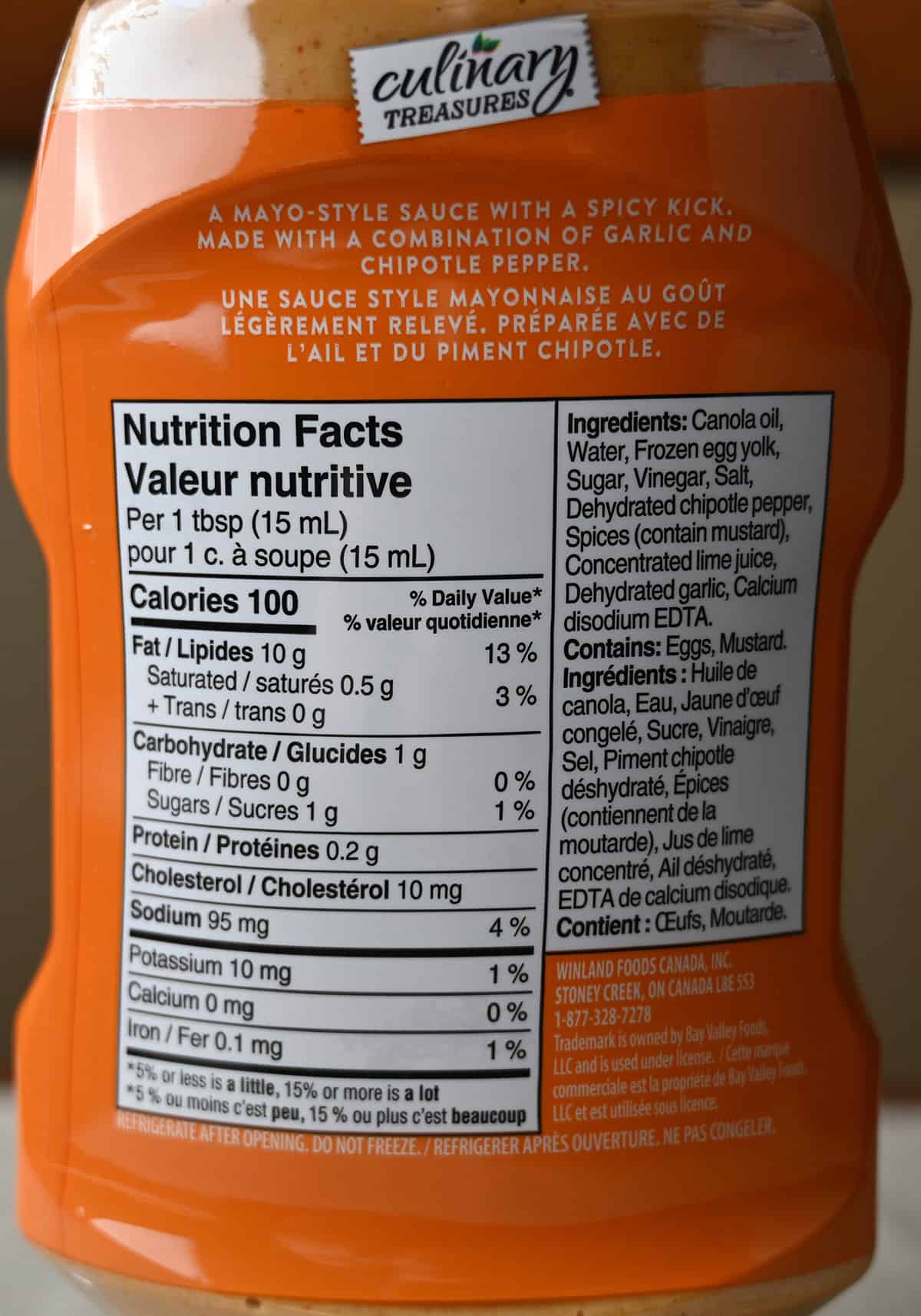 Image of the back of the chipotle aioli bottle showing nutrition facts, ingredients and product description. 