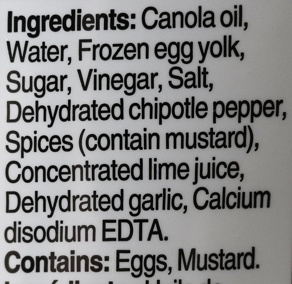 Image of the ingredients list for the chipotle aioli from the back of the bottle.