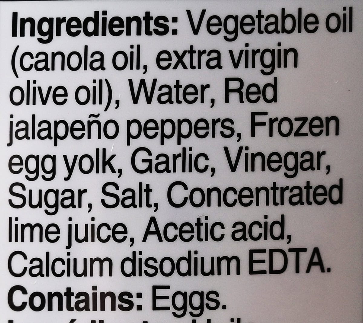 Image of the ingredients list for the jalapeno lime aioli from the back of the bottle. 