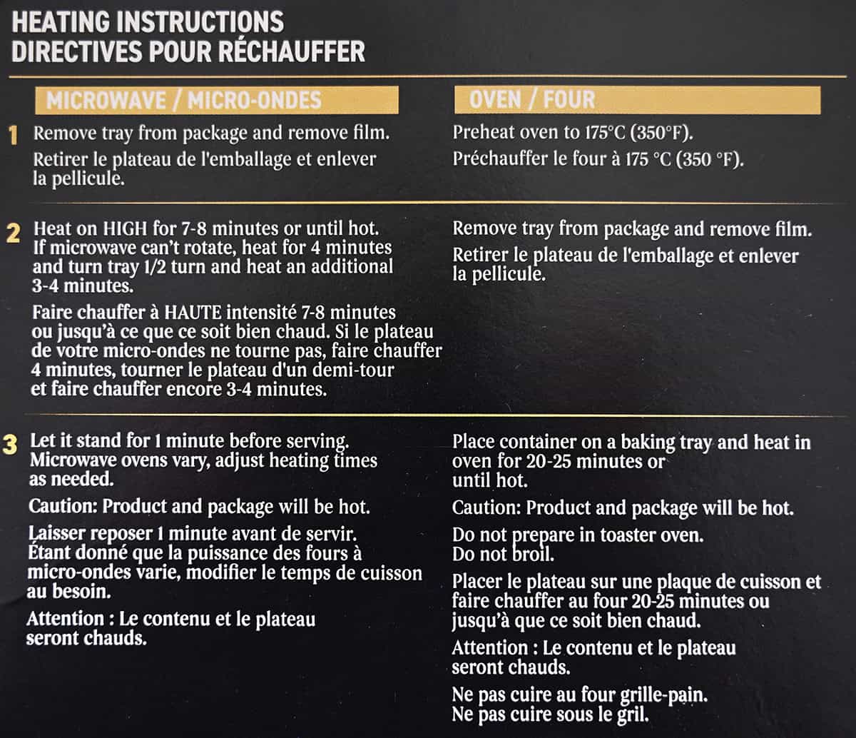 Image of the heating instructions for the bacon macaroni and cheese from the back of the container.