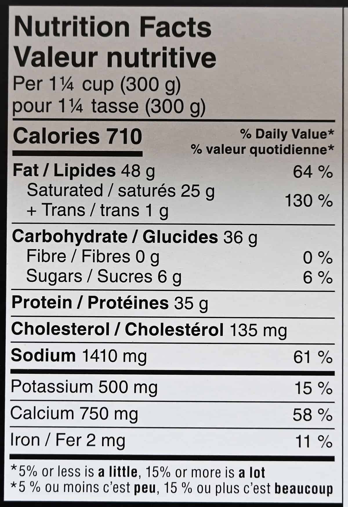 Image of the nutrition facts for the bacon macaron and cheese from the back of the package. 