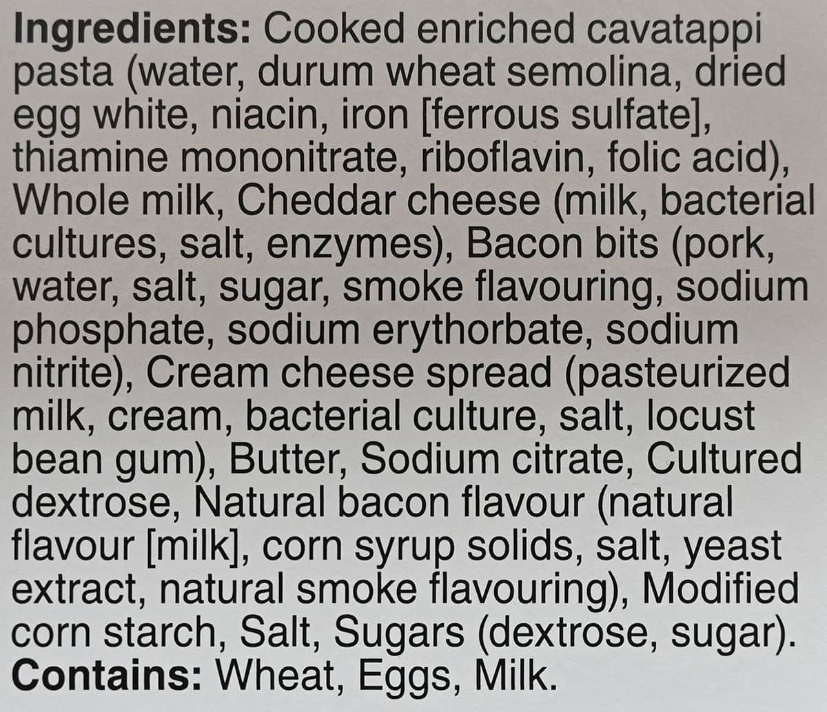 Image of the nutrition facts for the bacon macaroni and cheese from the back of the package. 