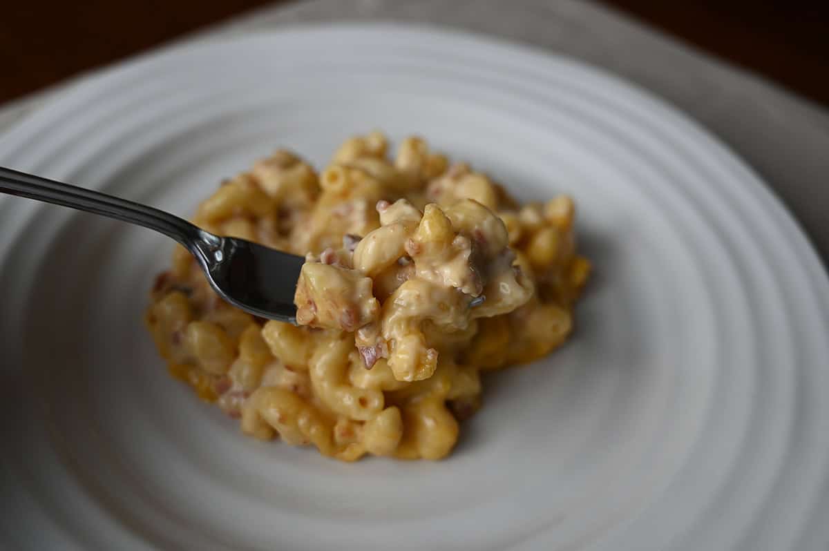 Closeup image of a fork with bacon macaroni and cheese on it, in the background is a plate of macaroni of cheese.