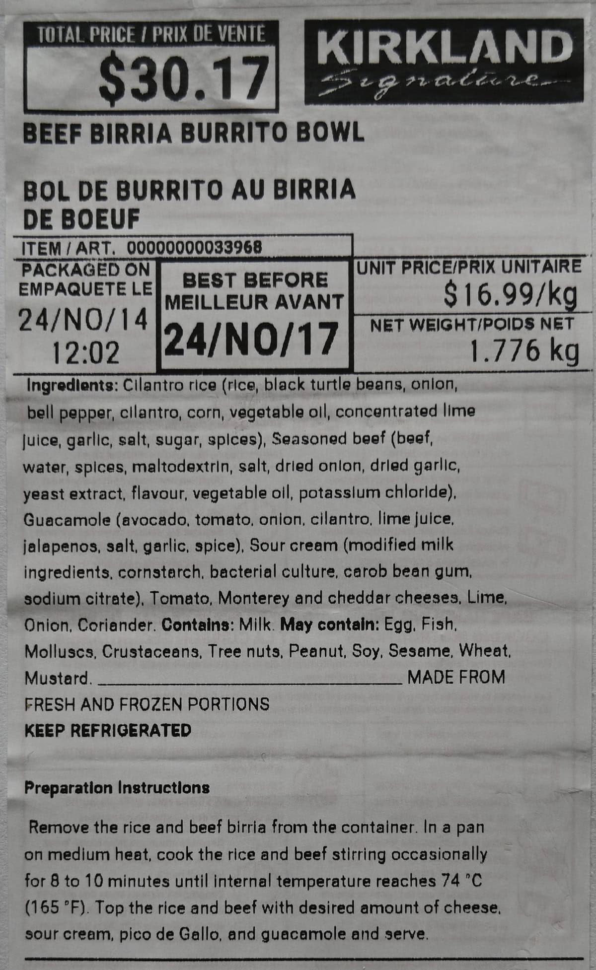 Image of the front label from the beef birria burrito bowl showing ingredients, cost, best before date and cooking instructions.