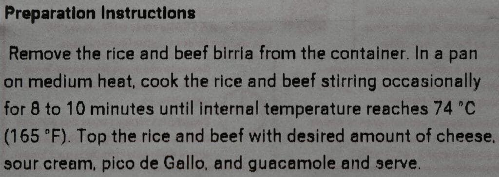 Image of the cooking instructions label for the Costco Kirkland Signature Beef Birria Burrito Bowl. 