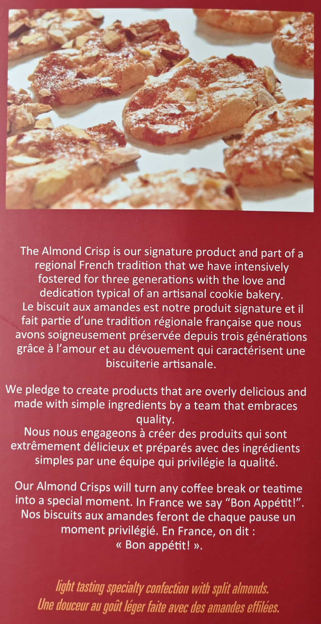 Image of the product and company description for the almond crisps from the back of the box.