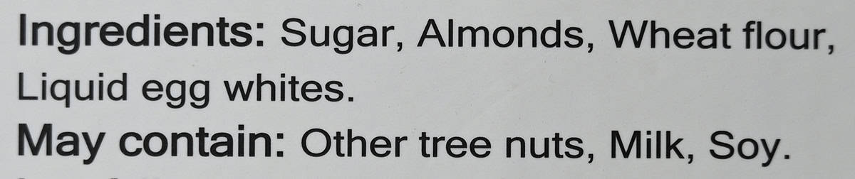 Image of the ingredients list for the almond crisps from the back of the box.