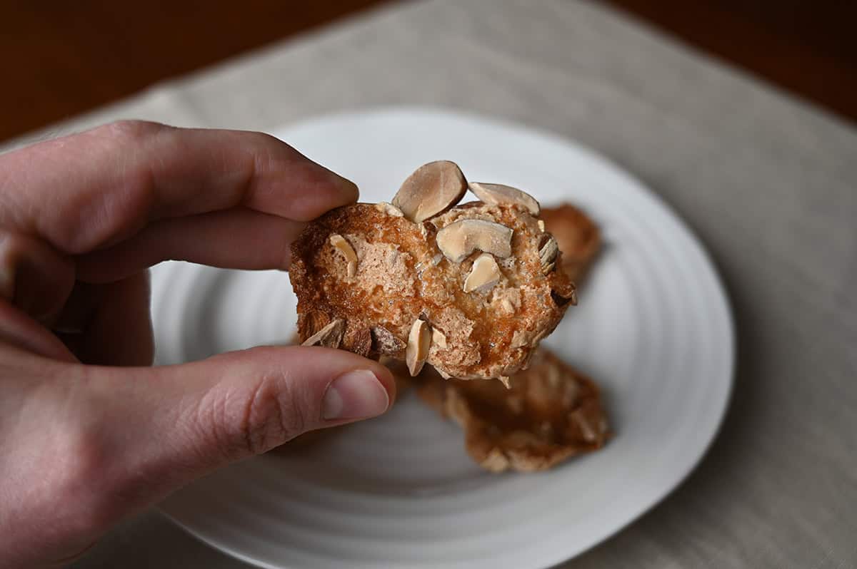 Closeup image of a hand holding one almond crisp close to the camera. 