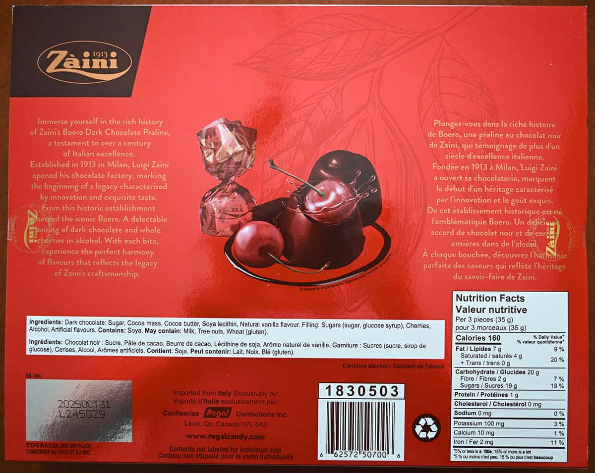 Image of the back of the box of the Costco Zaini Boero Dark Chocolate Praline with Cherry in Alcohol showing product description, nutrition facts and ingredients.