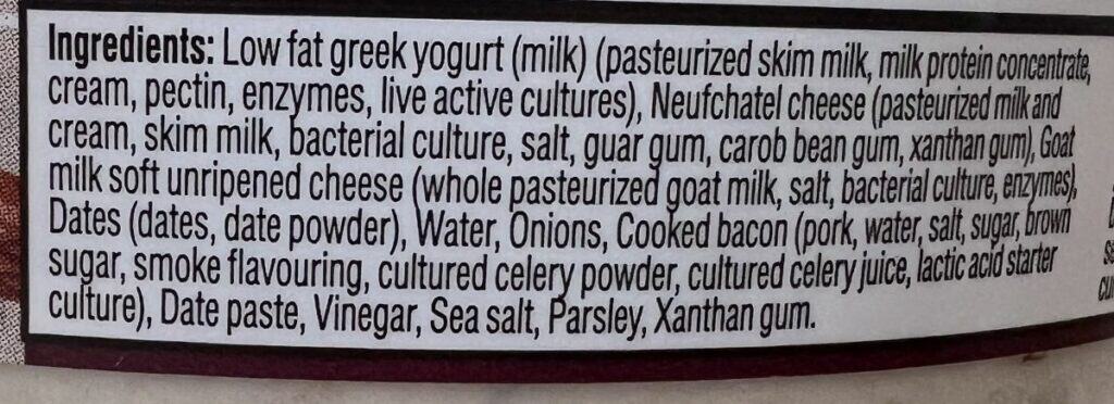 Image of the ingredients list for the dip from the back of the container.