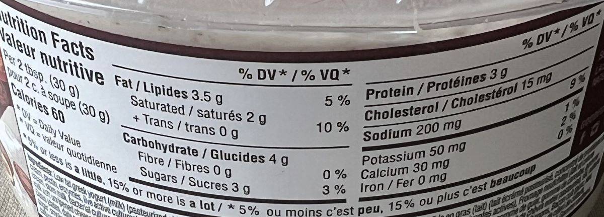 Image of the nutrition facts for the dip from the back of the container.