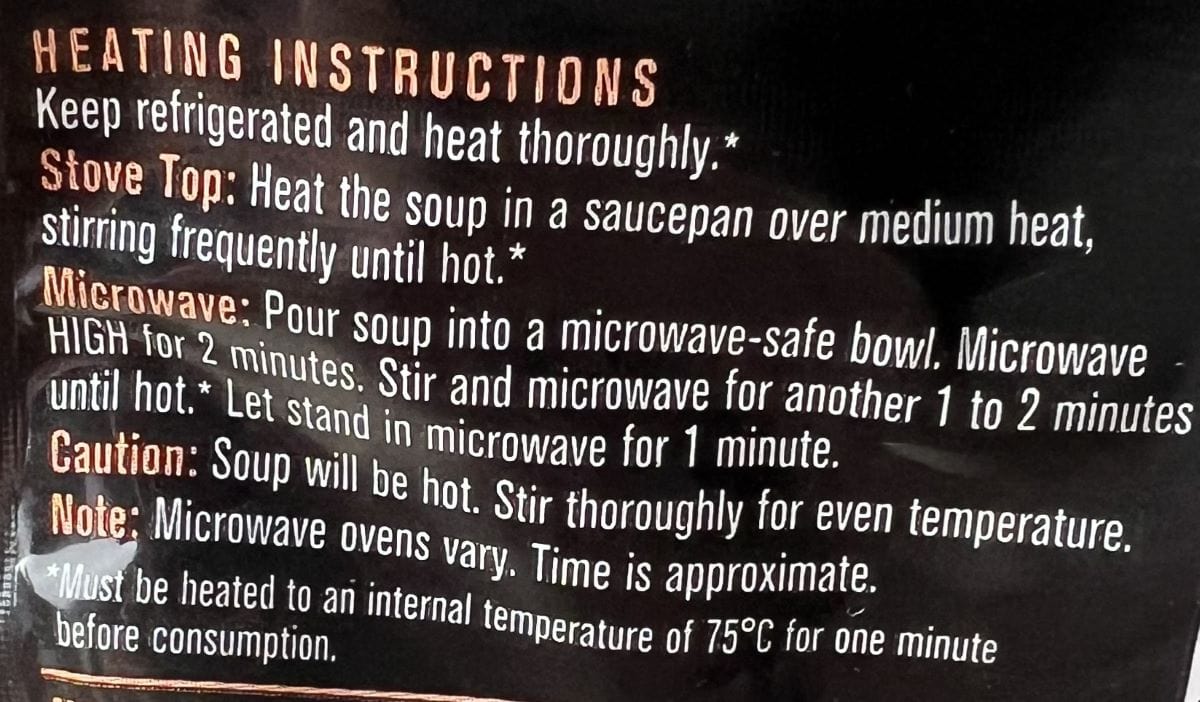 Image of the cooking instructions for the lobster bisque from the back of the package.