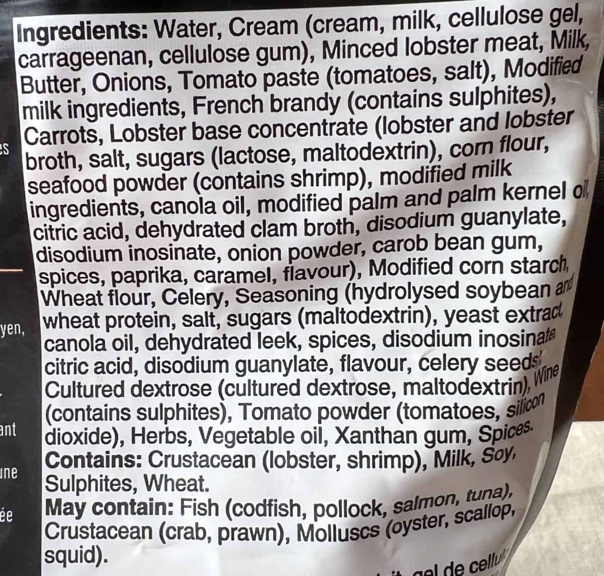 Image of the ingredients list for the lobster bisque from the back of package.