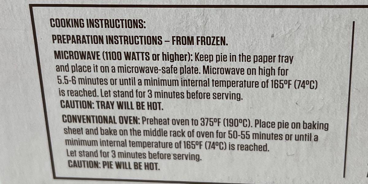 Image of the cooking instructions for the meat pie from the back of the box.