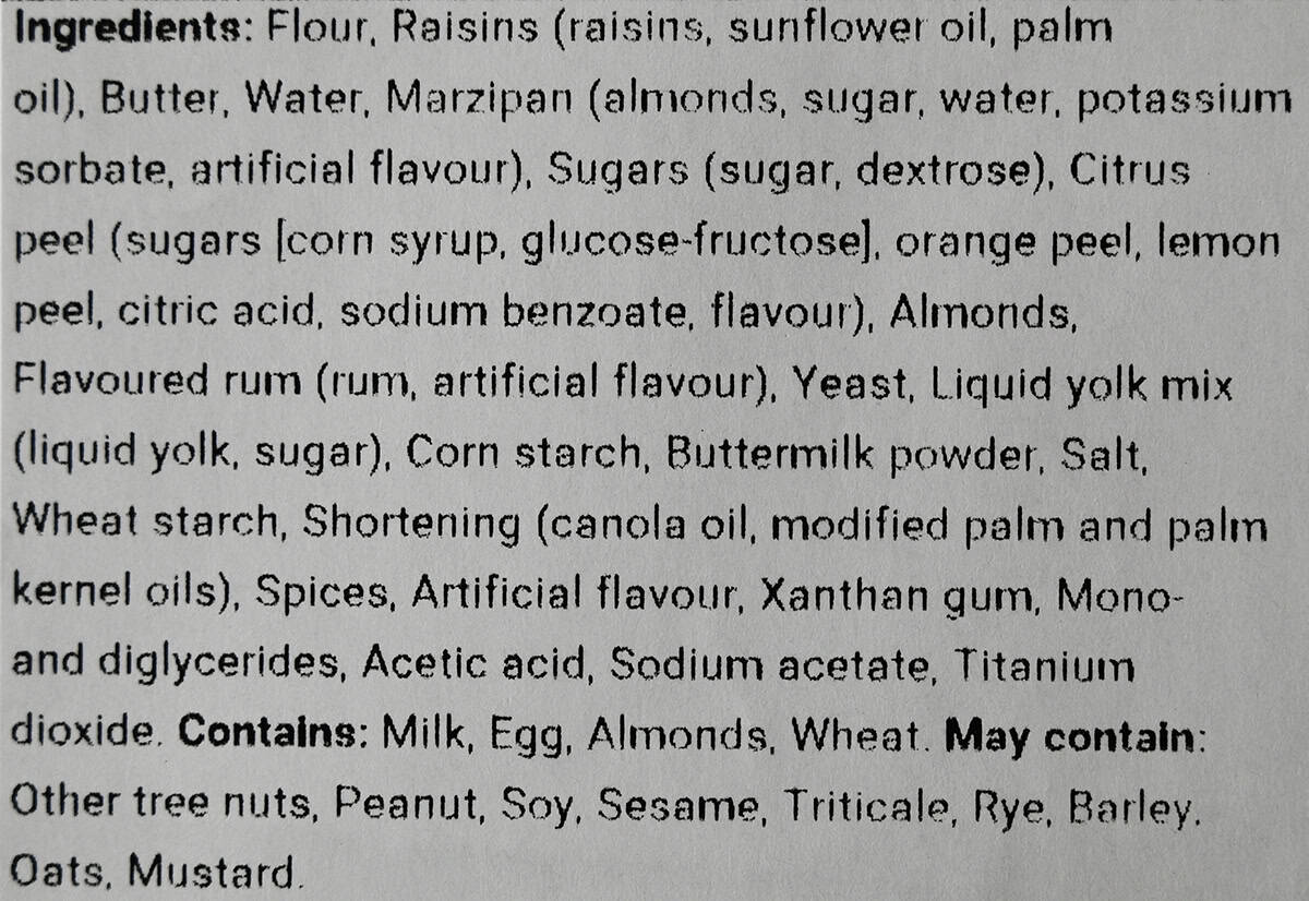 Image of the ingredients list for the Stollen from the front label.