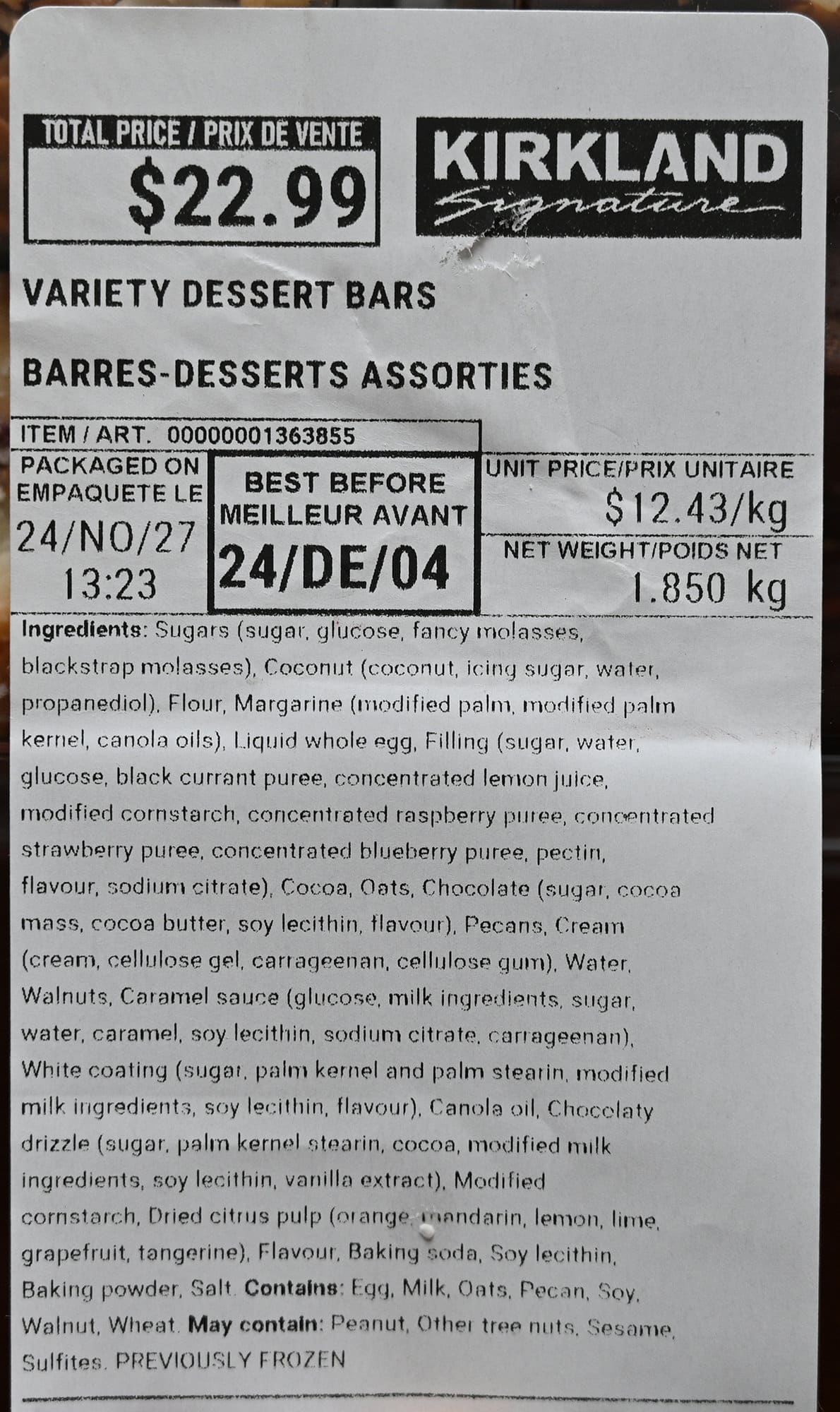 Image of the front label on the variety bars showing cost, expiry date, and ingredients.