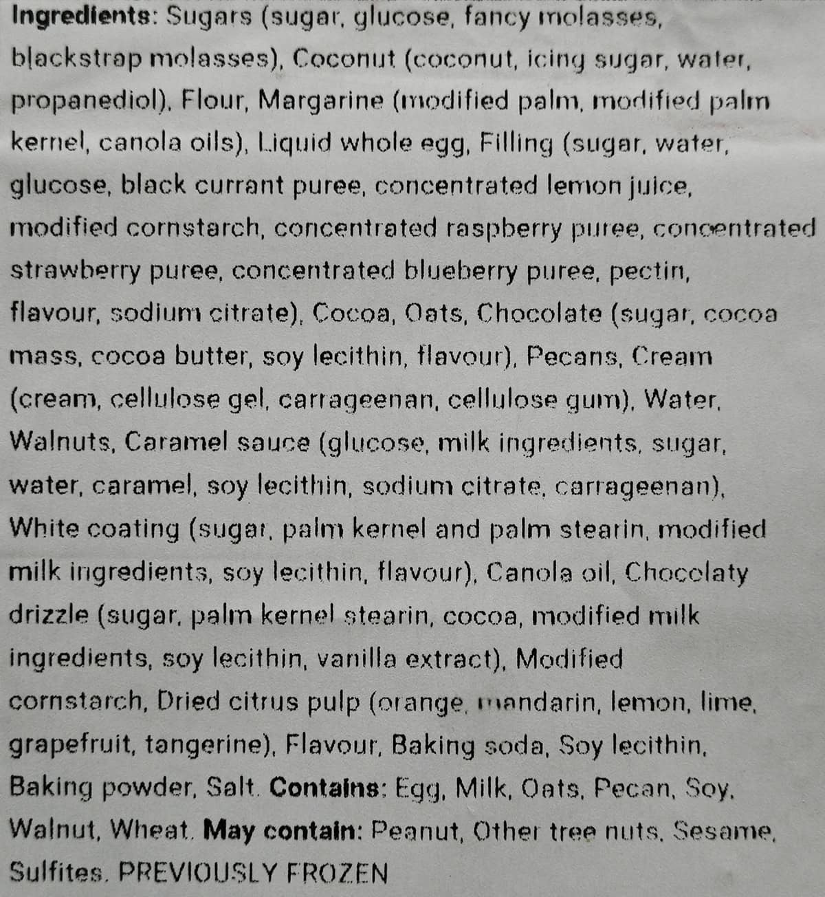 Image of the ingredients for the variety dessert bars from the back of the container.