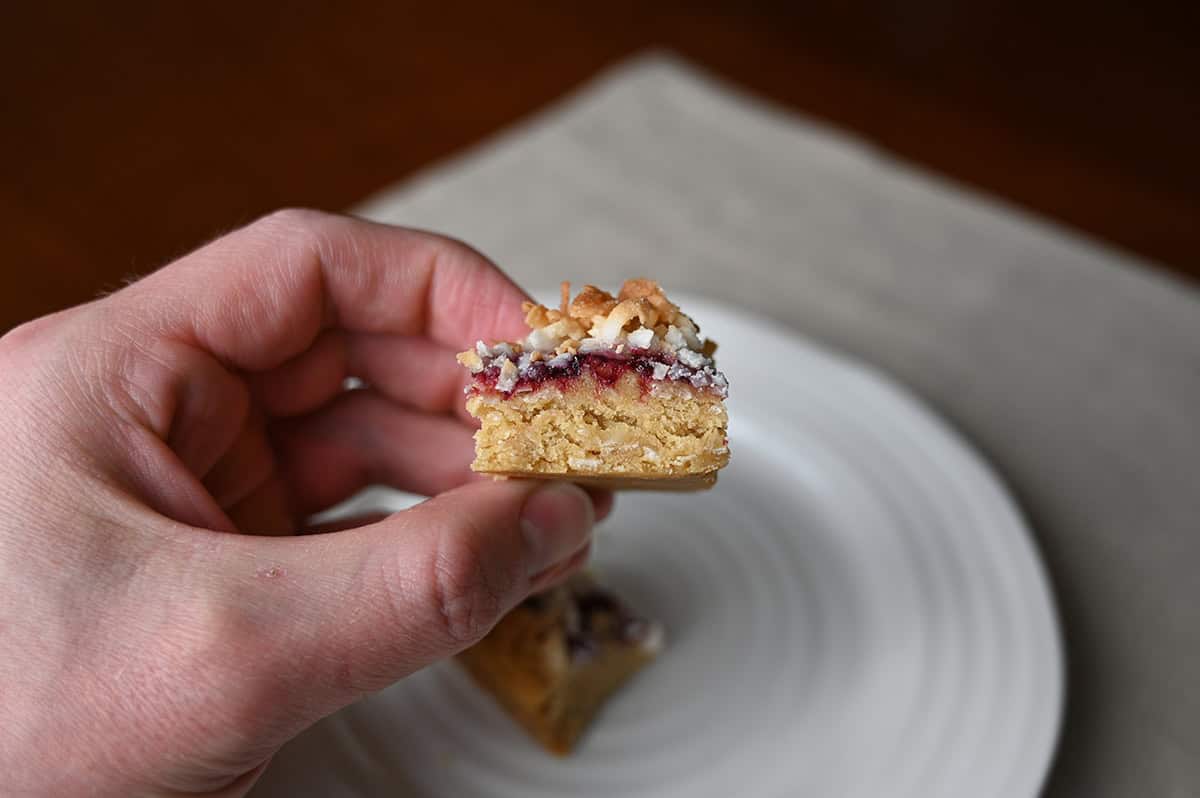 Image of a hand holding one wildberry macaroon with a bite taken out of it close to the camera.