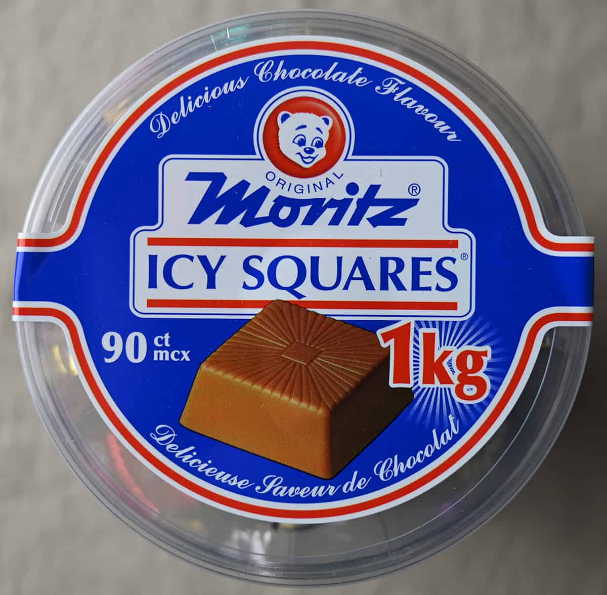 Image of the top of the container of the Moritz Icy Squares showing the weight of the container and how many come in the container.