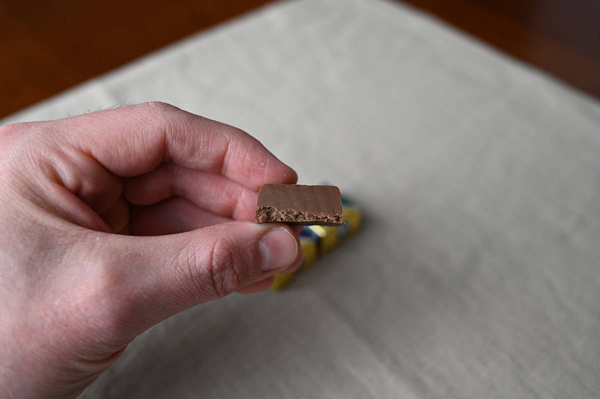 Image of a hand holding one icy square with a bite taken out of it close to the camera. 