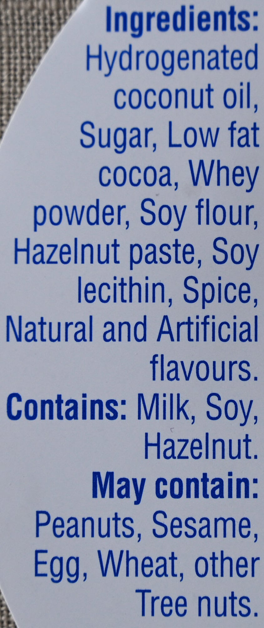 Image of the ingredients list for the Moritz Icy Squares from the container.