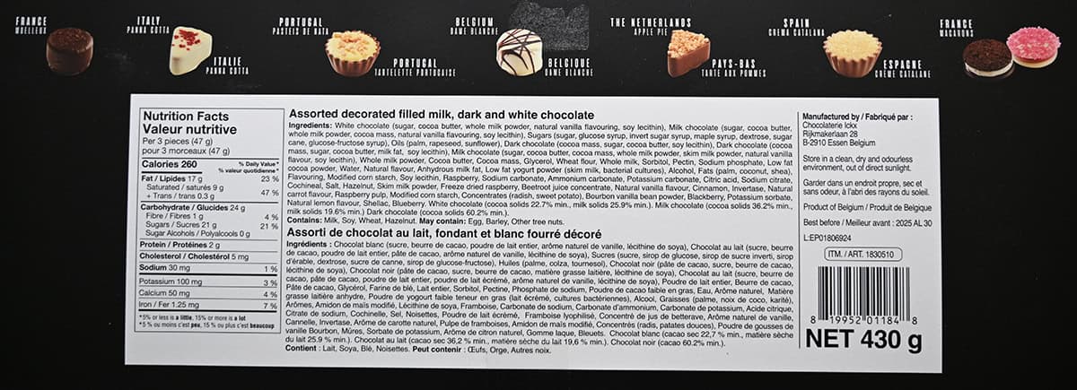 Image of the back of the Costco Chocodelice Desserts of Europe box showing the various flavors of chocolates and the nutrition facts and ingredients.