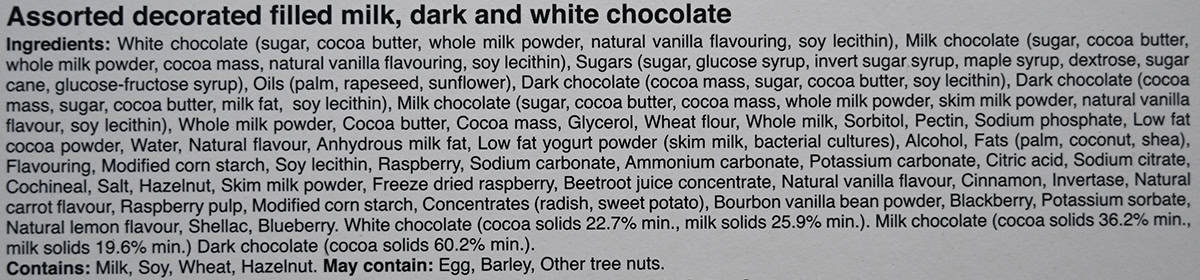 Image of the ingredients list for the chocolates from the back of the box.