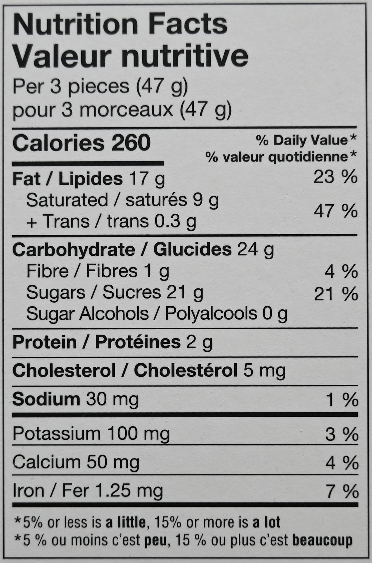 Image of the nutrition facts for the chocolates from the back of the box.