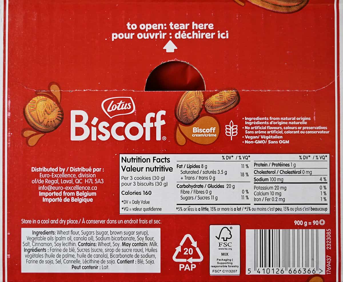 Image of the back of the box of the Lotus Biscoff Sandwich Cookies showing where they're made, nutrition facts and ingredients.