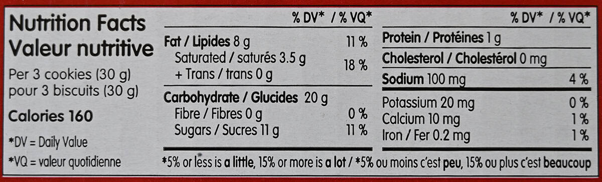 Image of the nutrition facts for the cookies from the back of the box.