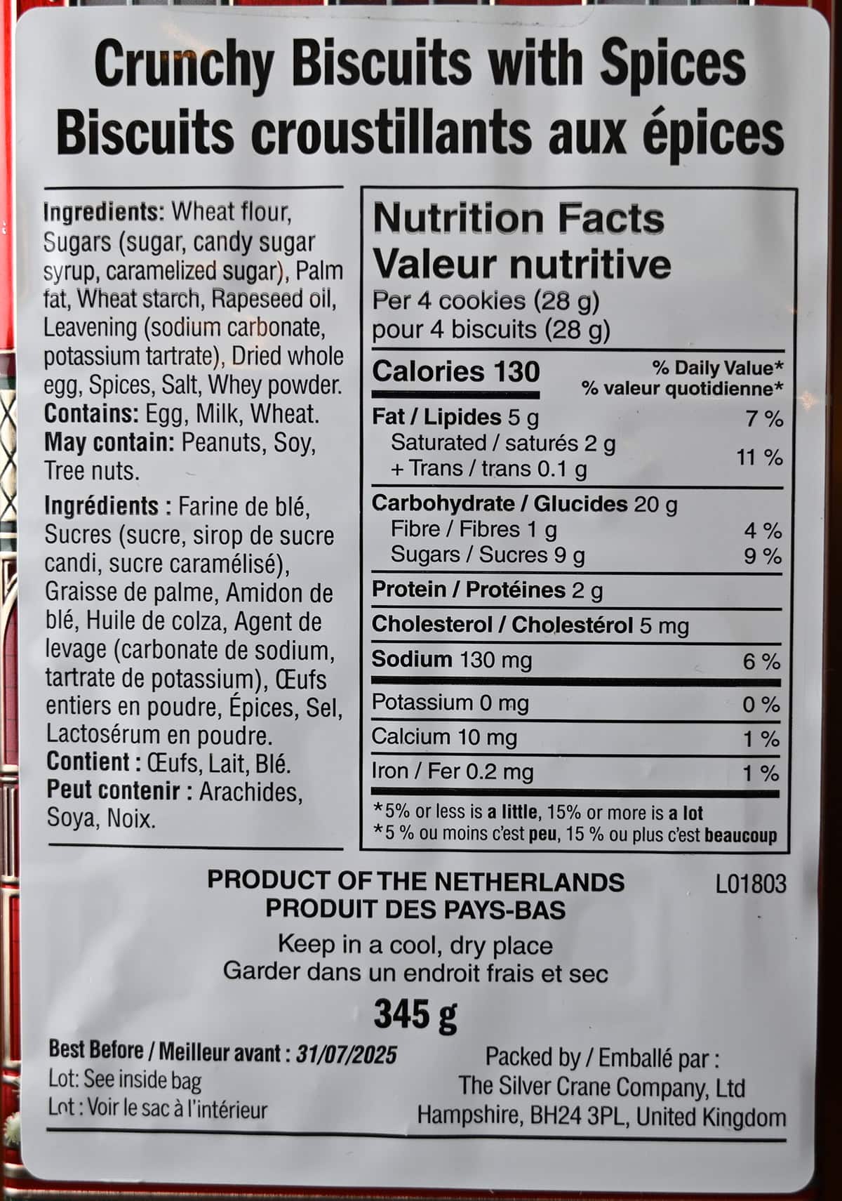 Image of the nutrition facts for the cookies from the back of the tin.