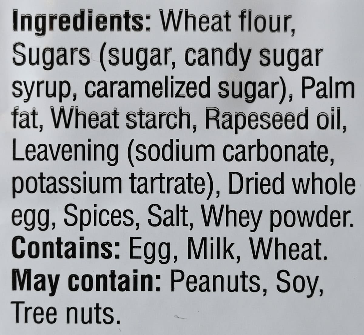 Image of the ingredients for the cookies from the back of the package.