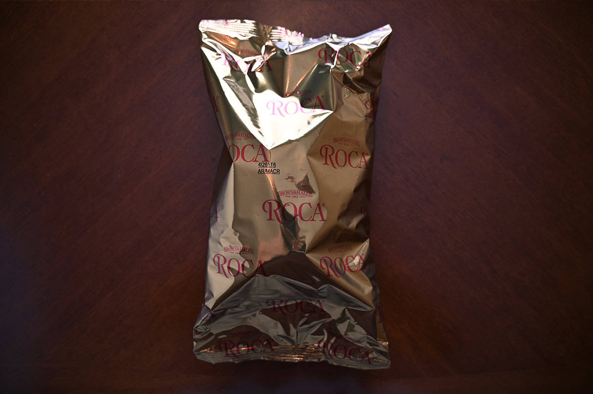 Image of an unopened bag of Roca sitting on a table. 