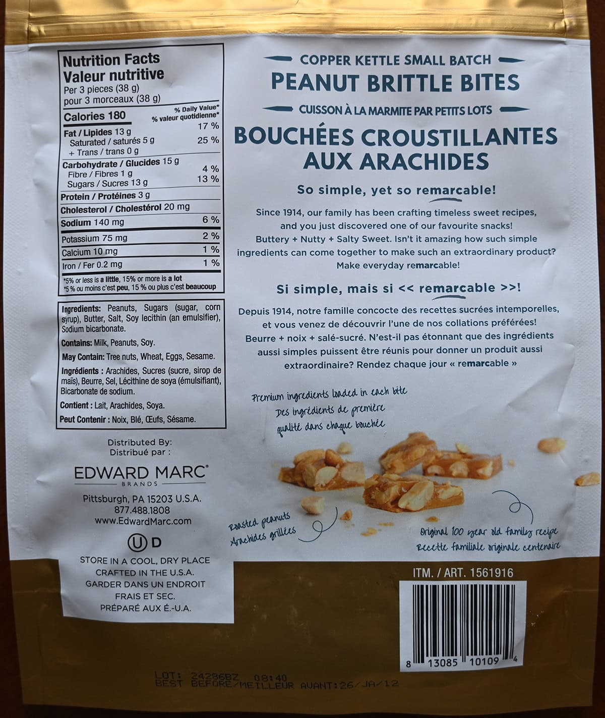 Image of the back of the bag of the peanut brittle bites sharing the product and company description, where they're made and nutrition facts.