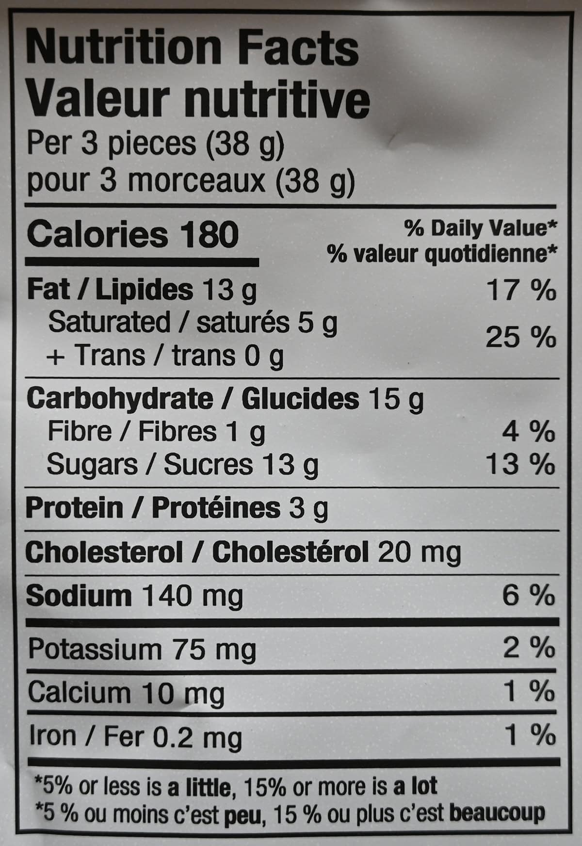 Image of the nutrition facts for the peanut brittle bites from the back of the bag.