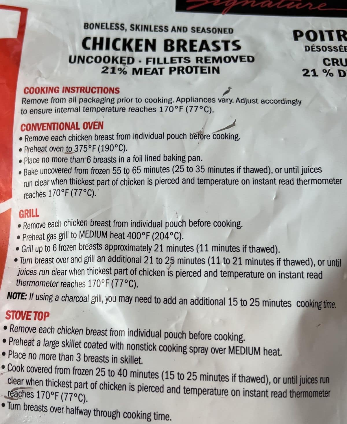 Image of the cooking instructions for the chicken breasts from the back of the bag.