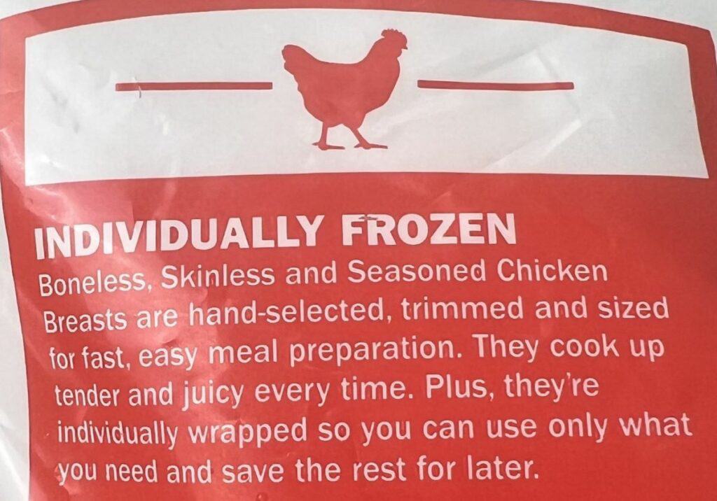 Image of the product description for the chicken breasts from the back of the bag. 