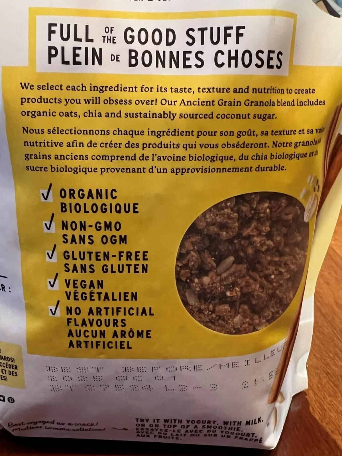 Image of the back of the bag of the Purely Elizabeth Organic Original Granola showing the product description. 