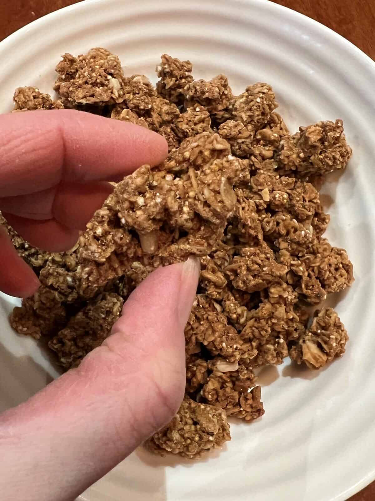 Image of a hand holding one granola cluster hovering over a bowl of granola.