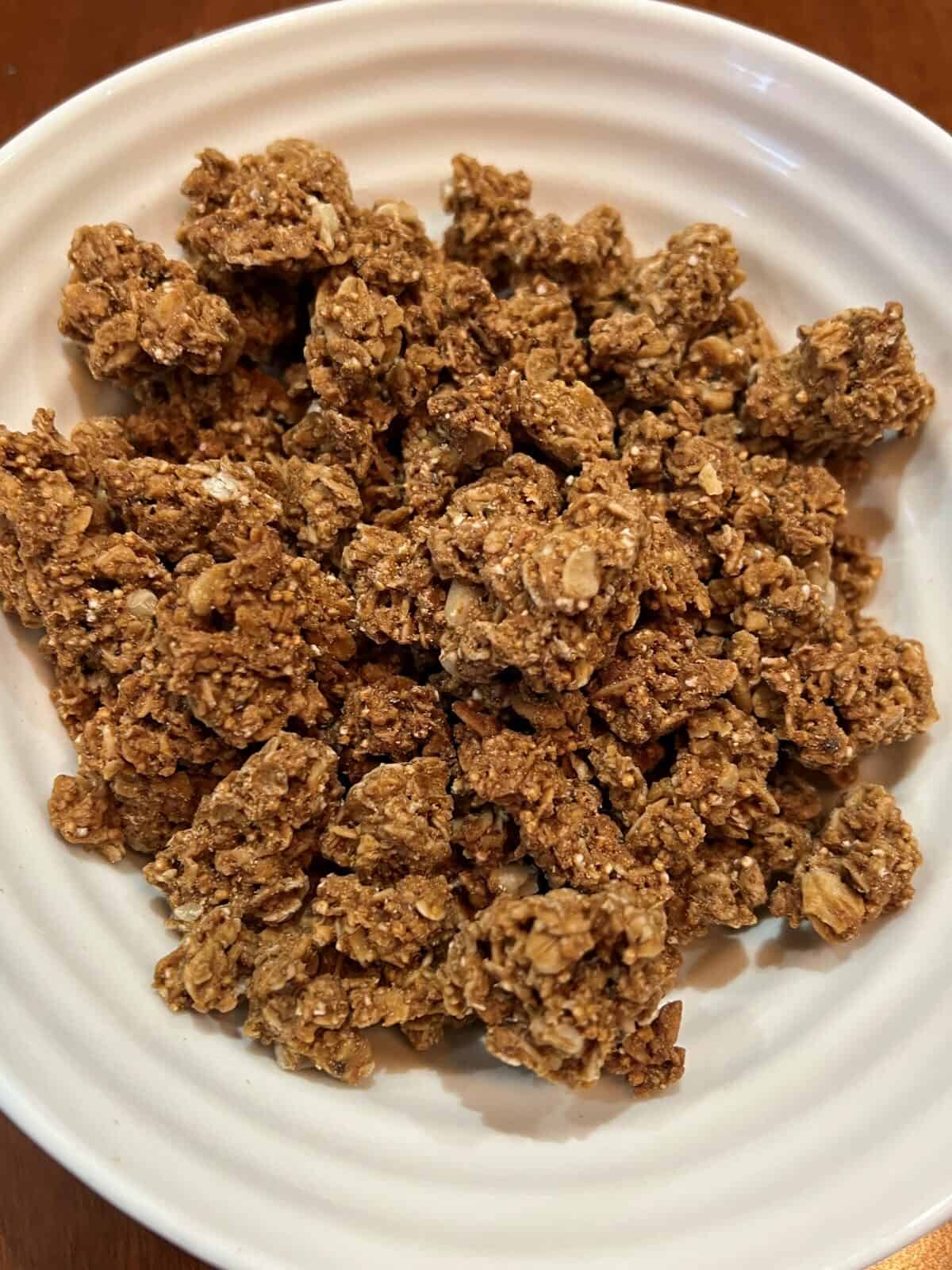 Top down image of a bowl of granola. 