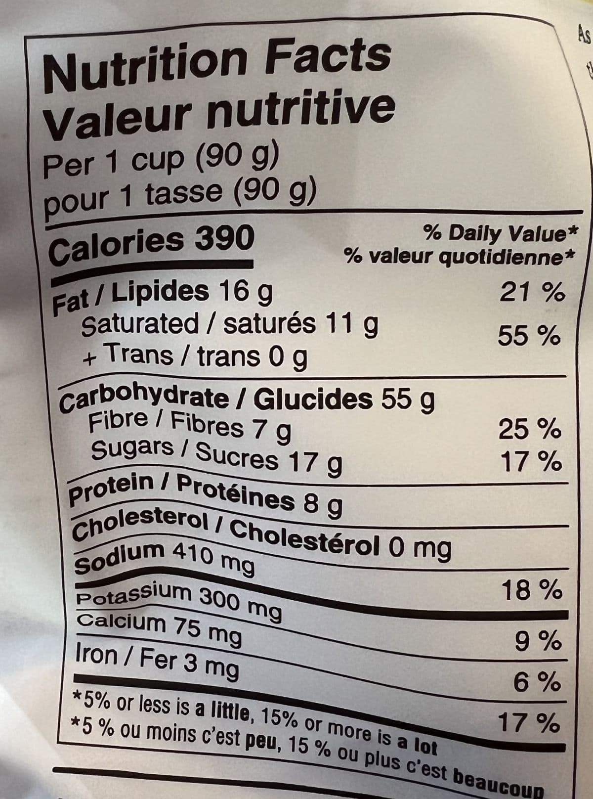 Image of the nutrition facts from the back of the bag.