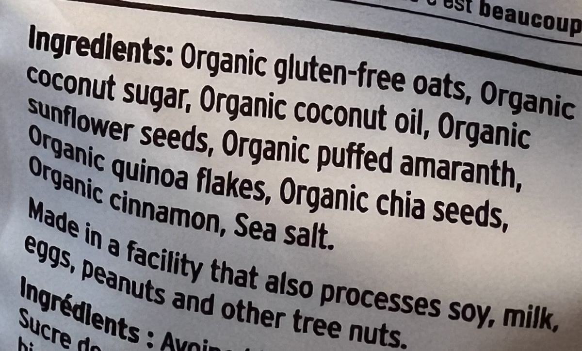 Image of the ingredients list from the back of the bag.