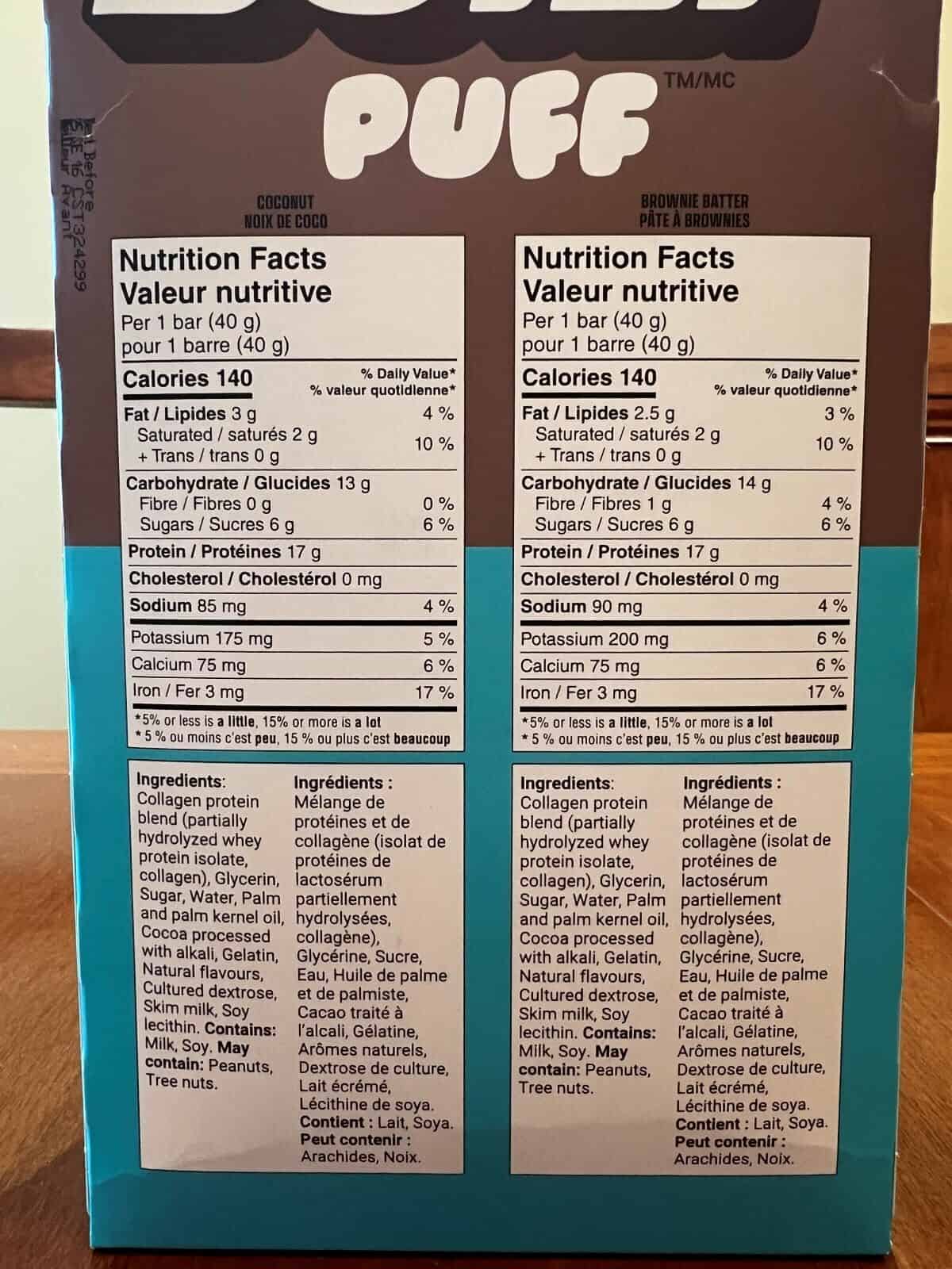 Image of the nutrition facts and ingredients for the protein bars from the back of the box.