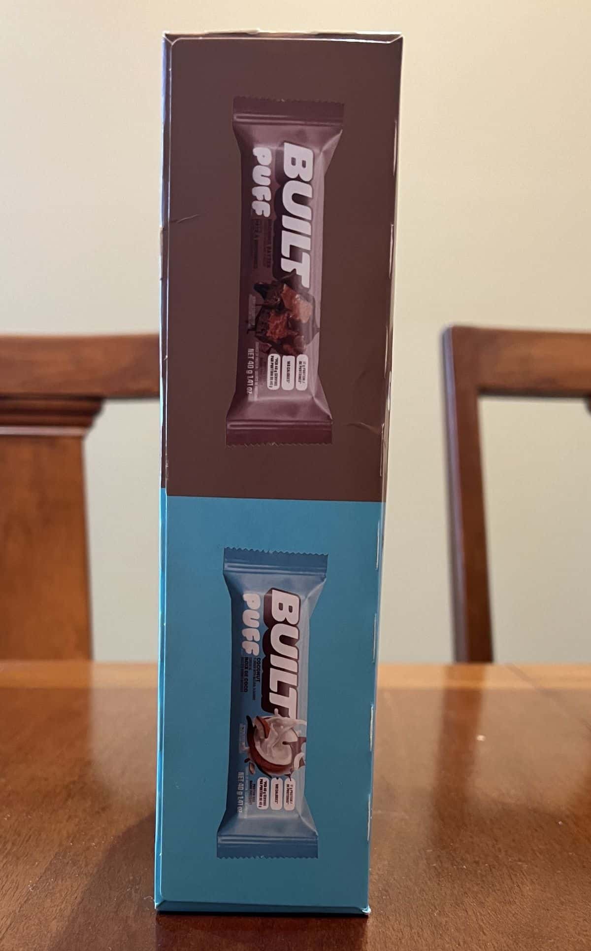 Image of the Costco Built Puff Protein Bars box showing the two flavors that come in the box.